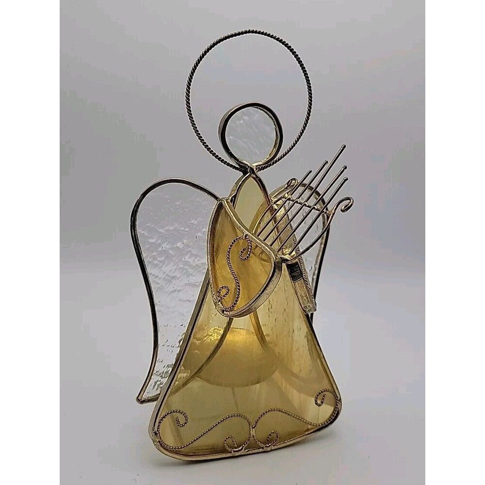 Stained Glass Angel with Harp Tea Light Candle Holder Metal Gold Trim Christmas